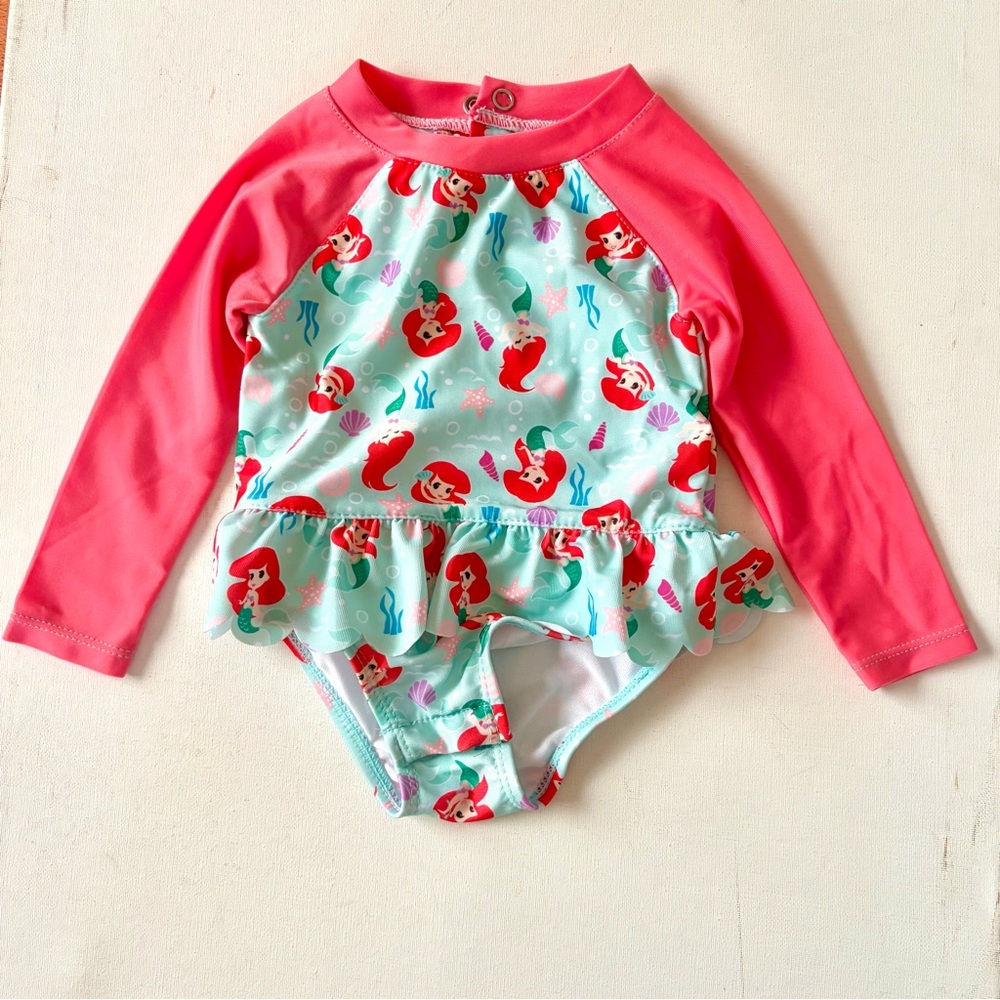 Disney Baby Pink & Aqua Ariel Ruffle Long-Sleeve Rash Guard Swimsuit